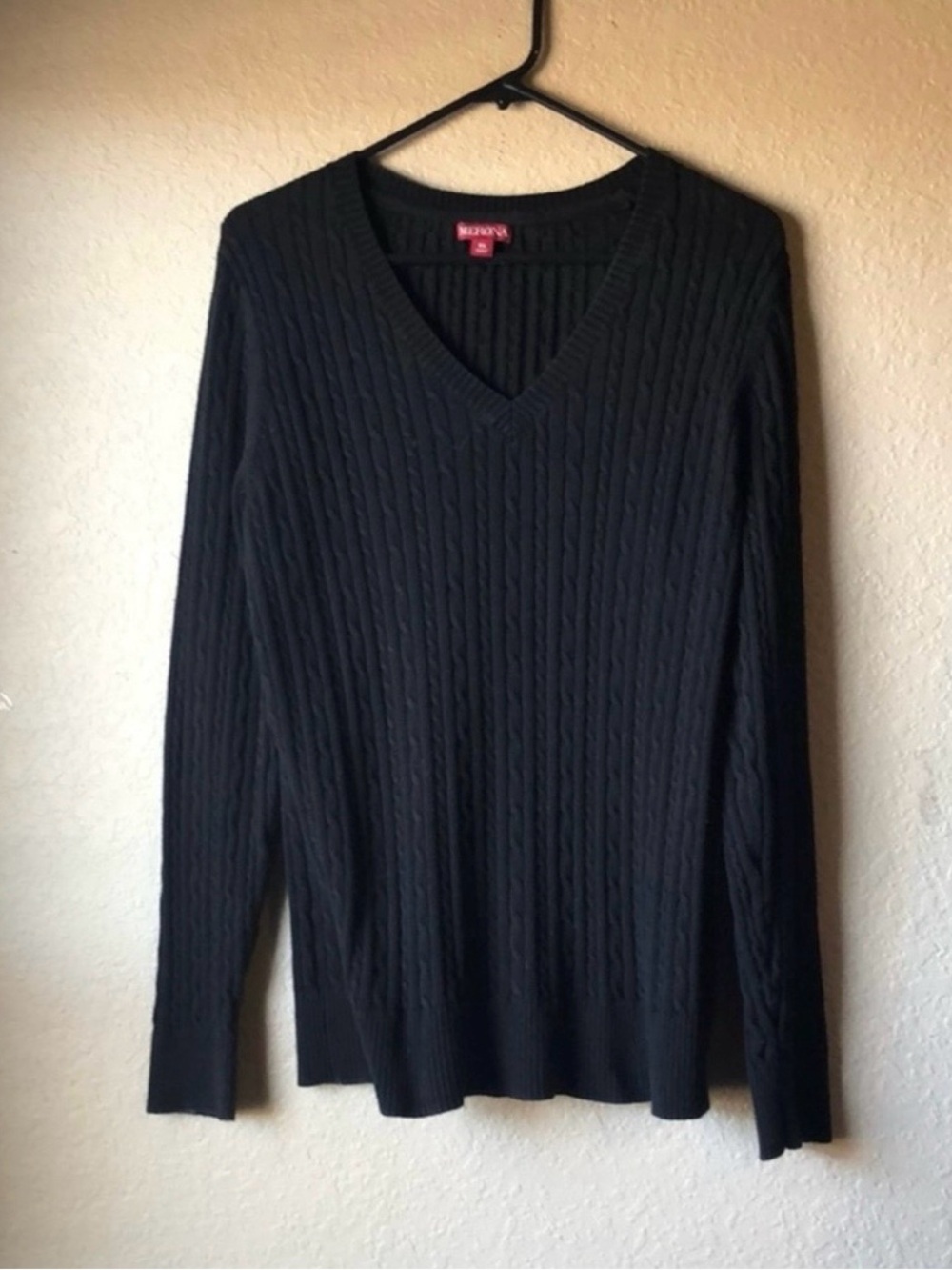 Merona Sweater Women’s Y2K Black V-Neck Cable Knit Classic Casual Preppy Size XL